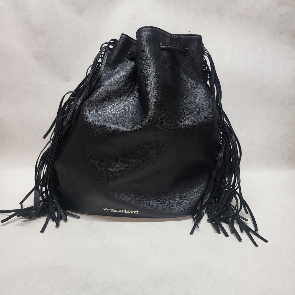 Victorias Secret Black Faux Leather 7 in Fringed Sides Drawstring Backpack